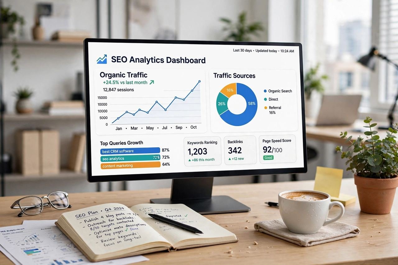 SEO analytics dashboard on a desk